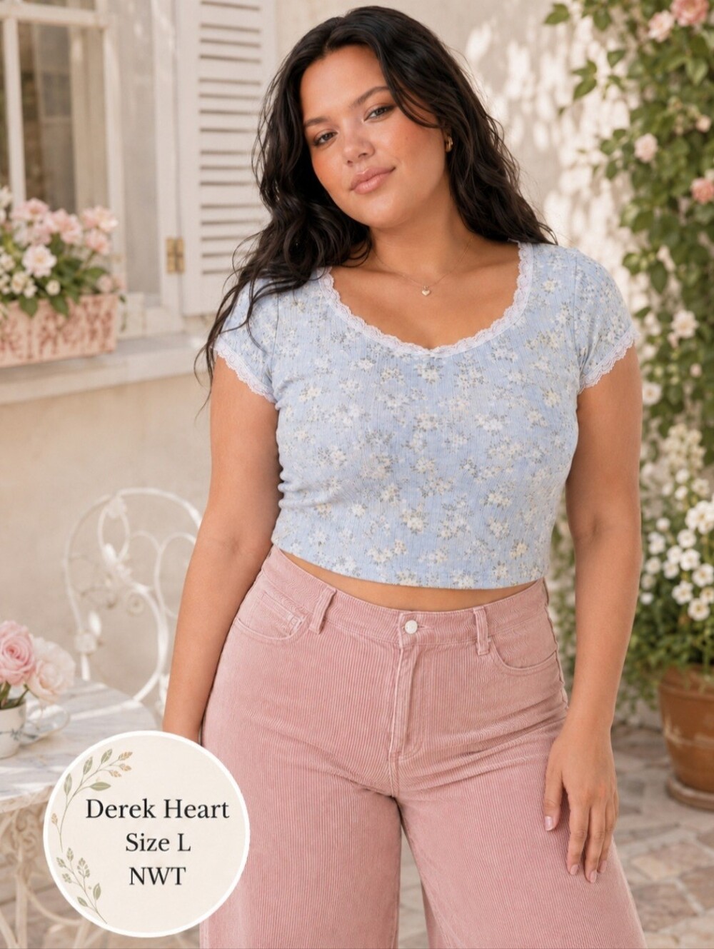 Derek Heart NWT Light Blue Floral Lace-Trim Crop Top | Size Large